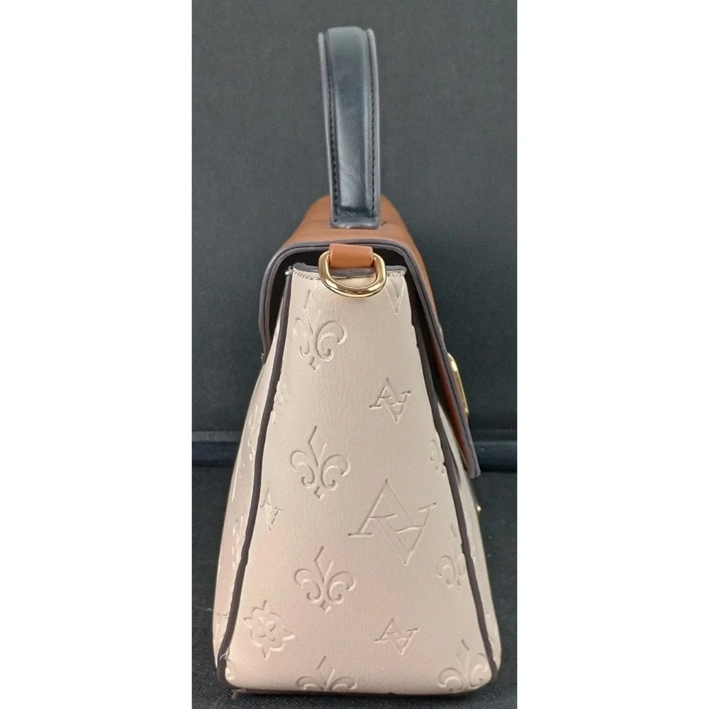 Adrienne Vittadini Cream Brown Black Gold Handbag Embossed Fleur De Lis Logo
